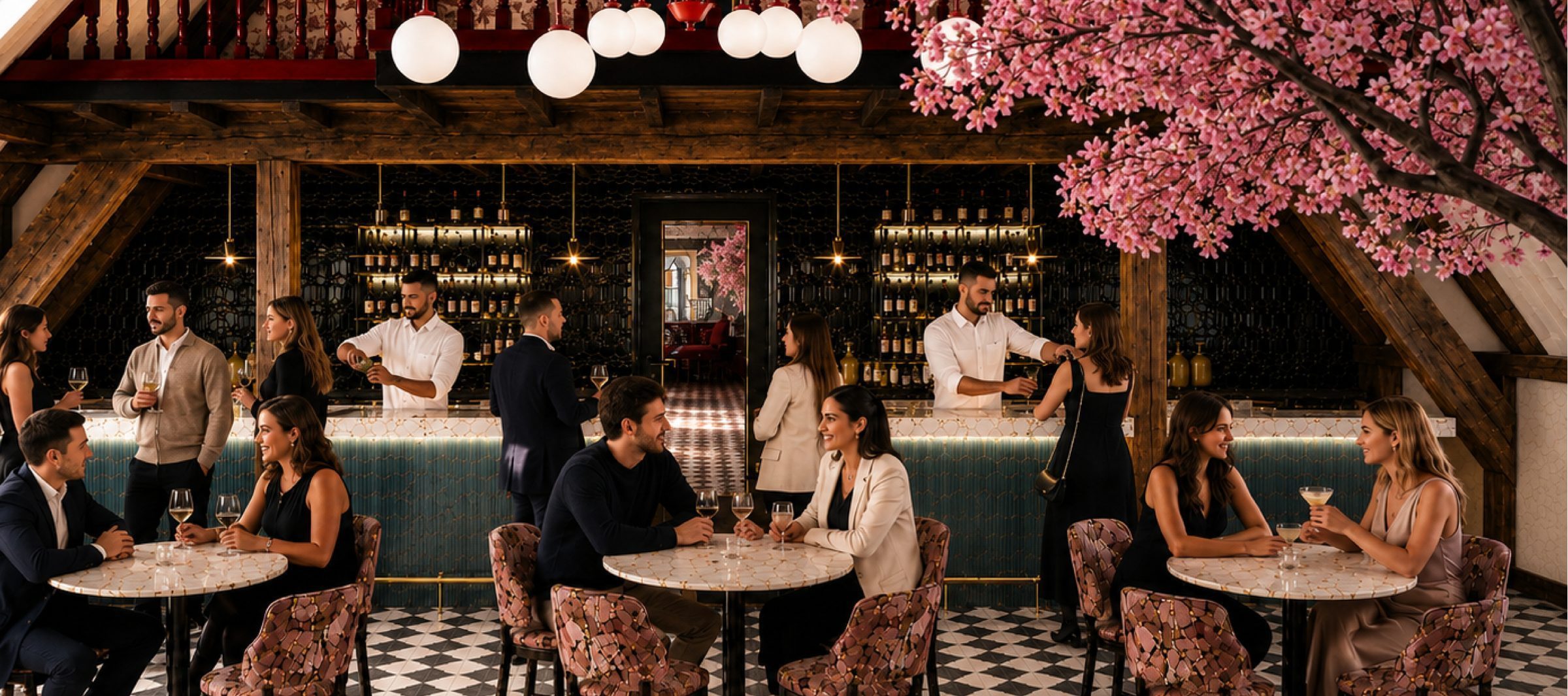 The Bij Belle bar under a hand-painted cherry blossom tree, guests gathered below