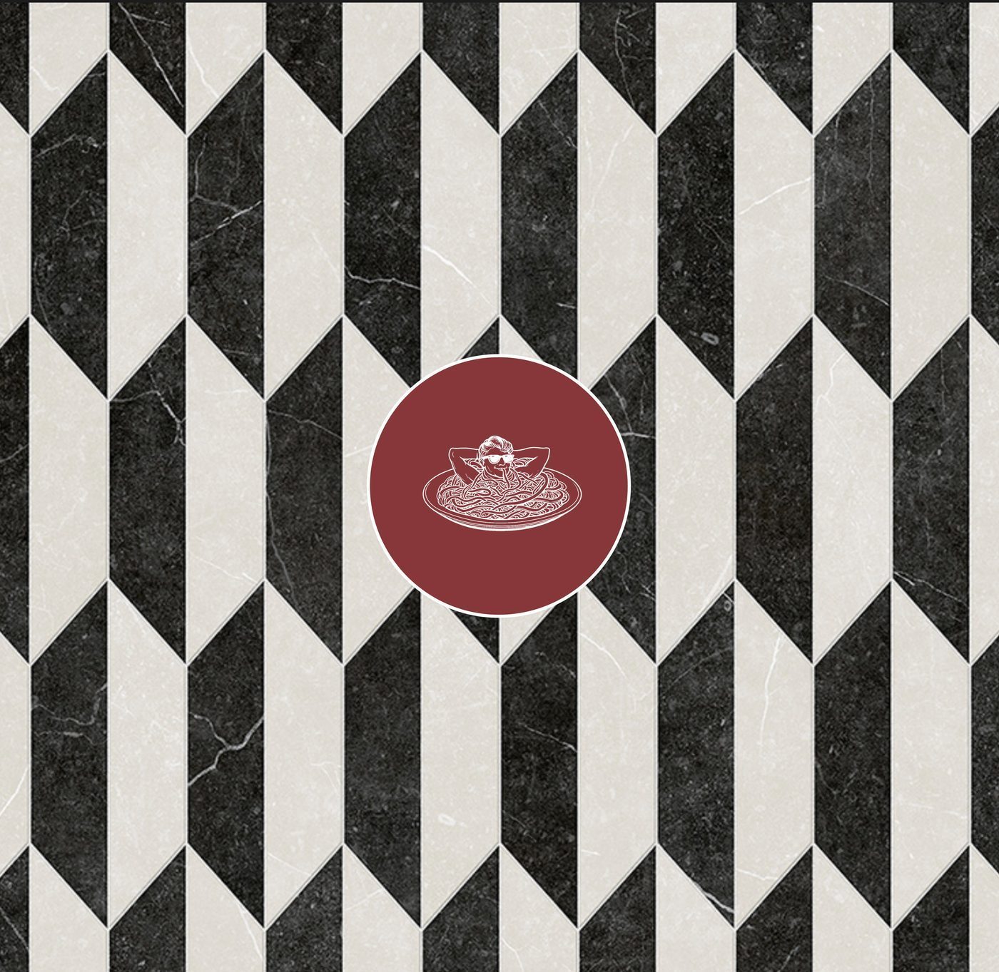 Bij Belle's dark-and-cream diamond tile pattern with the hand-drawn spaghetti mascot mark