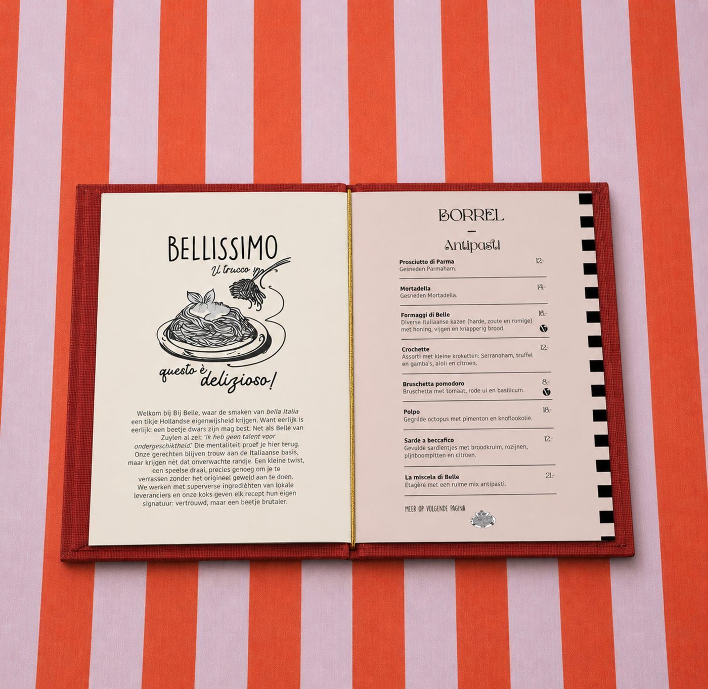 The Bij Belle 'Bellissimo' menu, open on the Borrel / antipasti page
