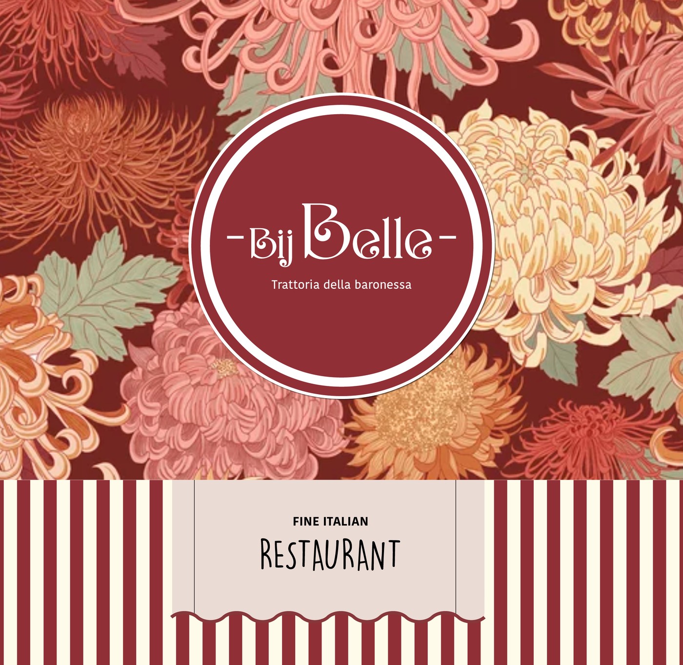 The Bij Belle brand mark on a hand-painted floral pattern, echoing the trattoria's cherry-blossom motif