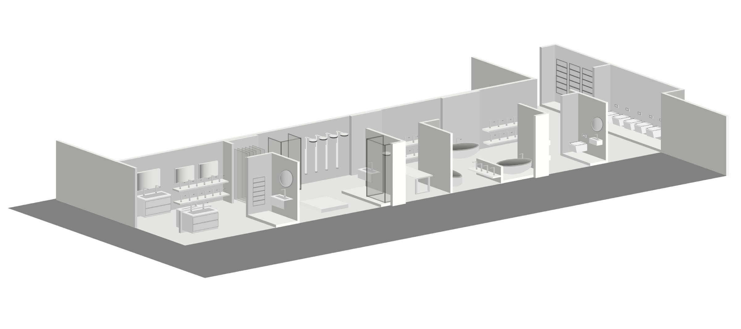 Isometrische plattegrond van een Debadkamer.nl showroom met de verschillende Badkamerwerelden