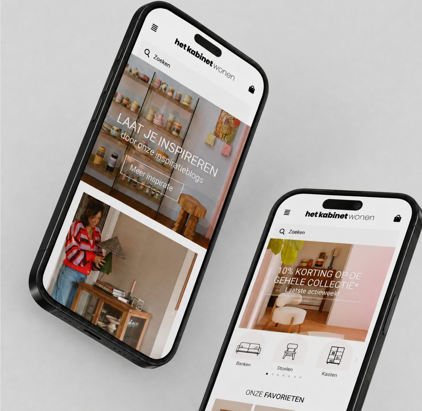 The redesigned Het Kabinet Wonen website shown on two mobile phones