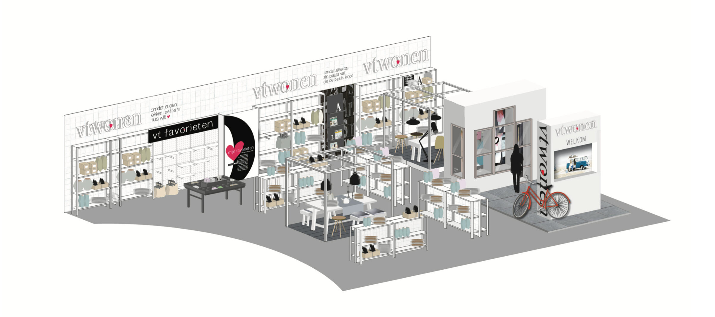 Isometrische ontwerptekening van het schaalbare vtwonen retailconcept met vt favorieten-wand, presentatietafels en winkelentree